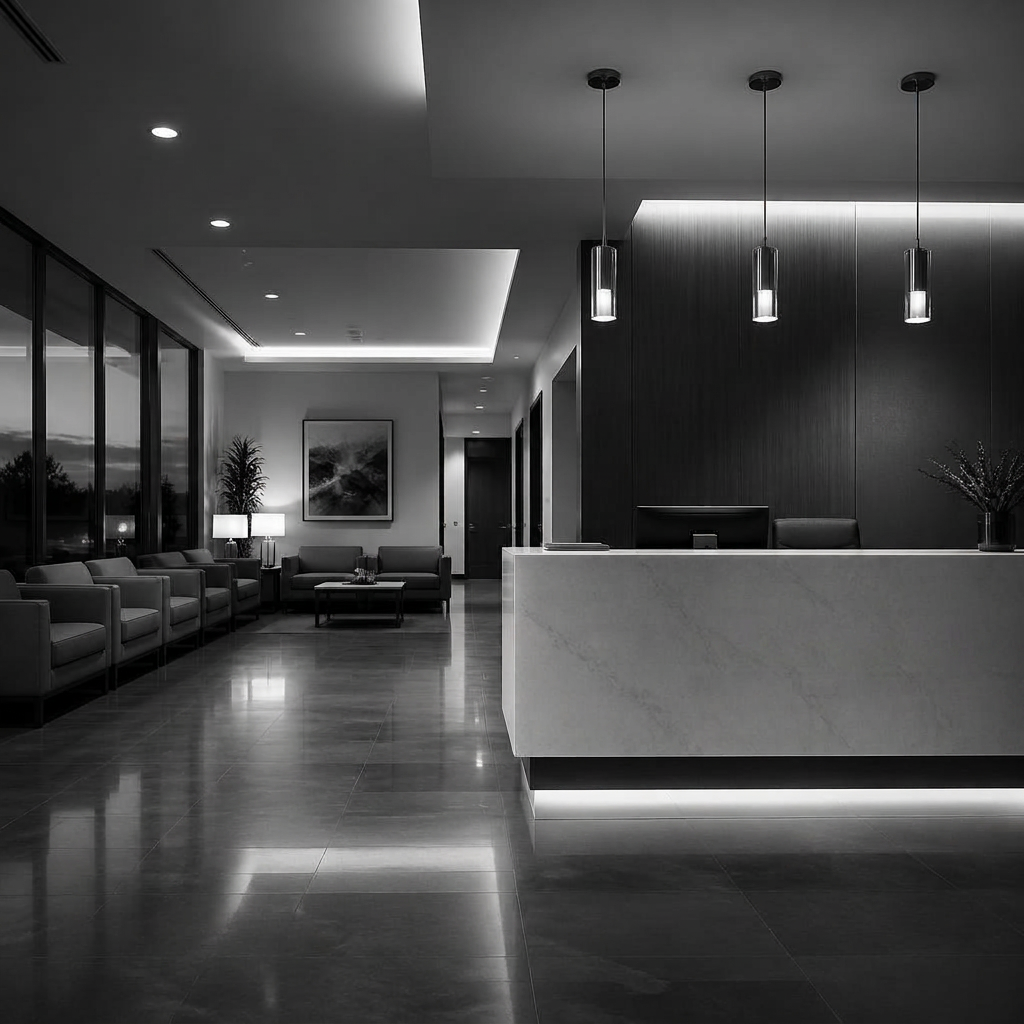 Sync Surgery Center reception and waiting area at dusk