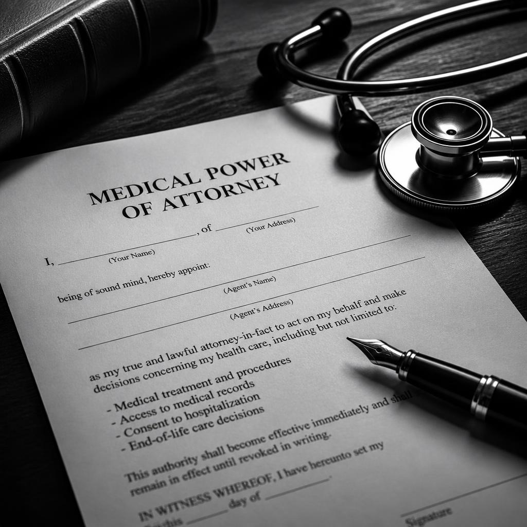 Medical-legal document and fountain pen on a dark desk