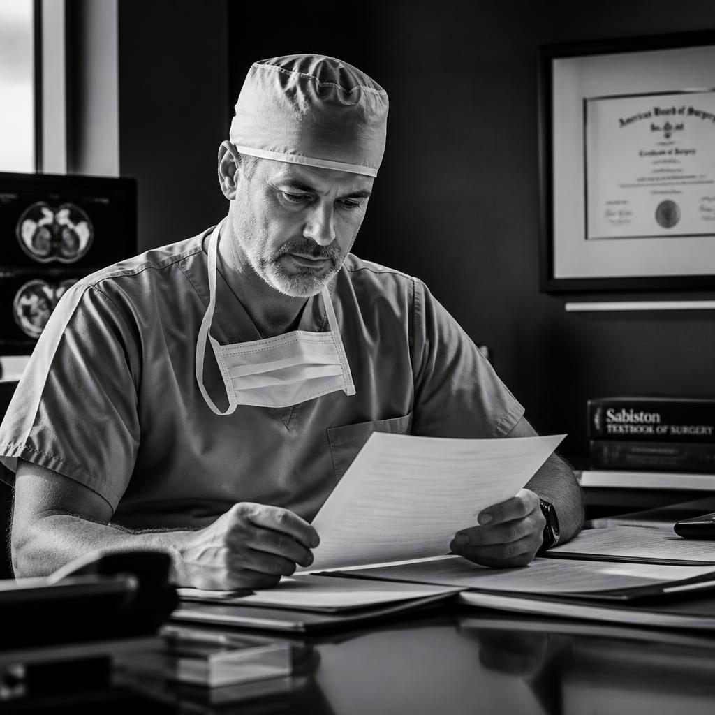 Surgeon reviewing credentialing paperwork at a desk