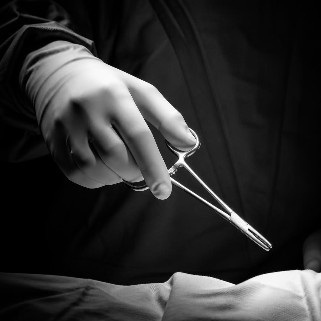 Surgeon's gloved hand holding a stainless steel clamp